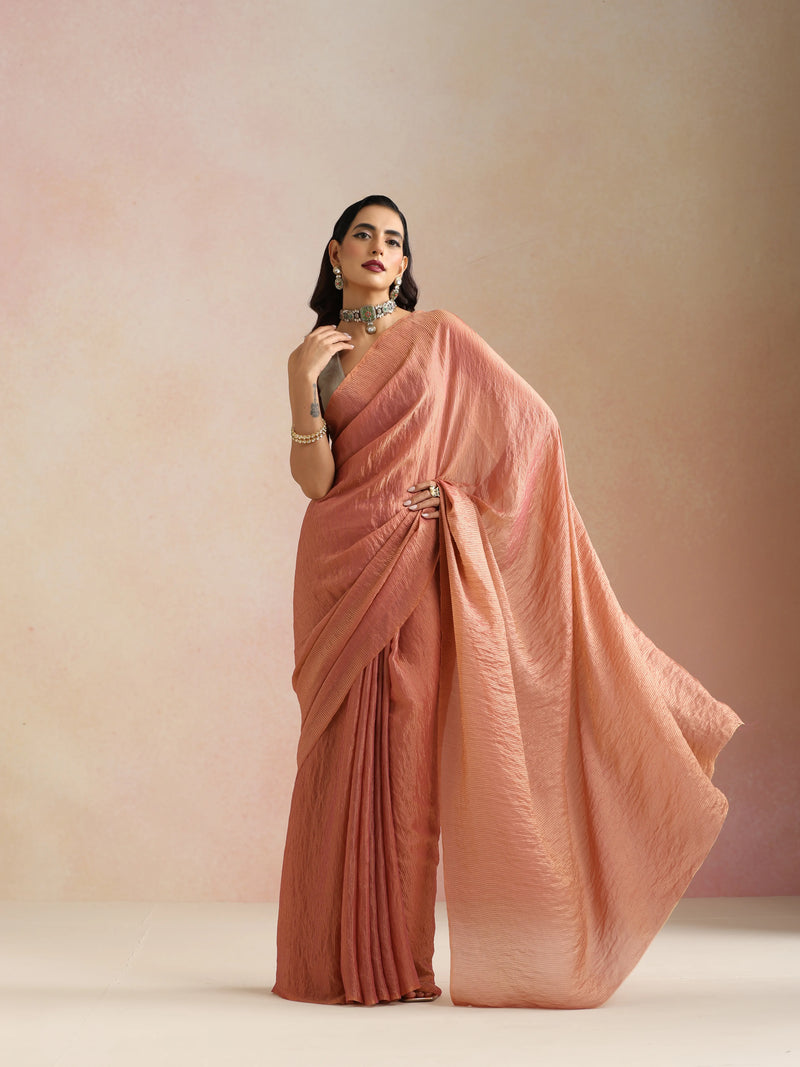 trueBrowns Peach Copper Tissue Saree With Unstitched Blouse