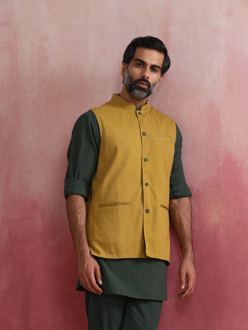 trueBrowns Men's Mustard Reversible  Nehru Jacket