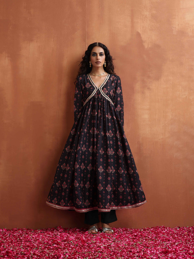 trueBrowns Black Print Flared Anarkali Kurta Set