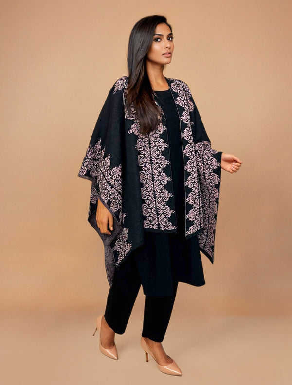 trueBrowns Black Woollen Pink Jacquard Kaftan Cape