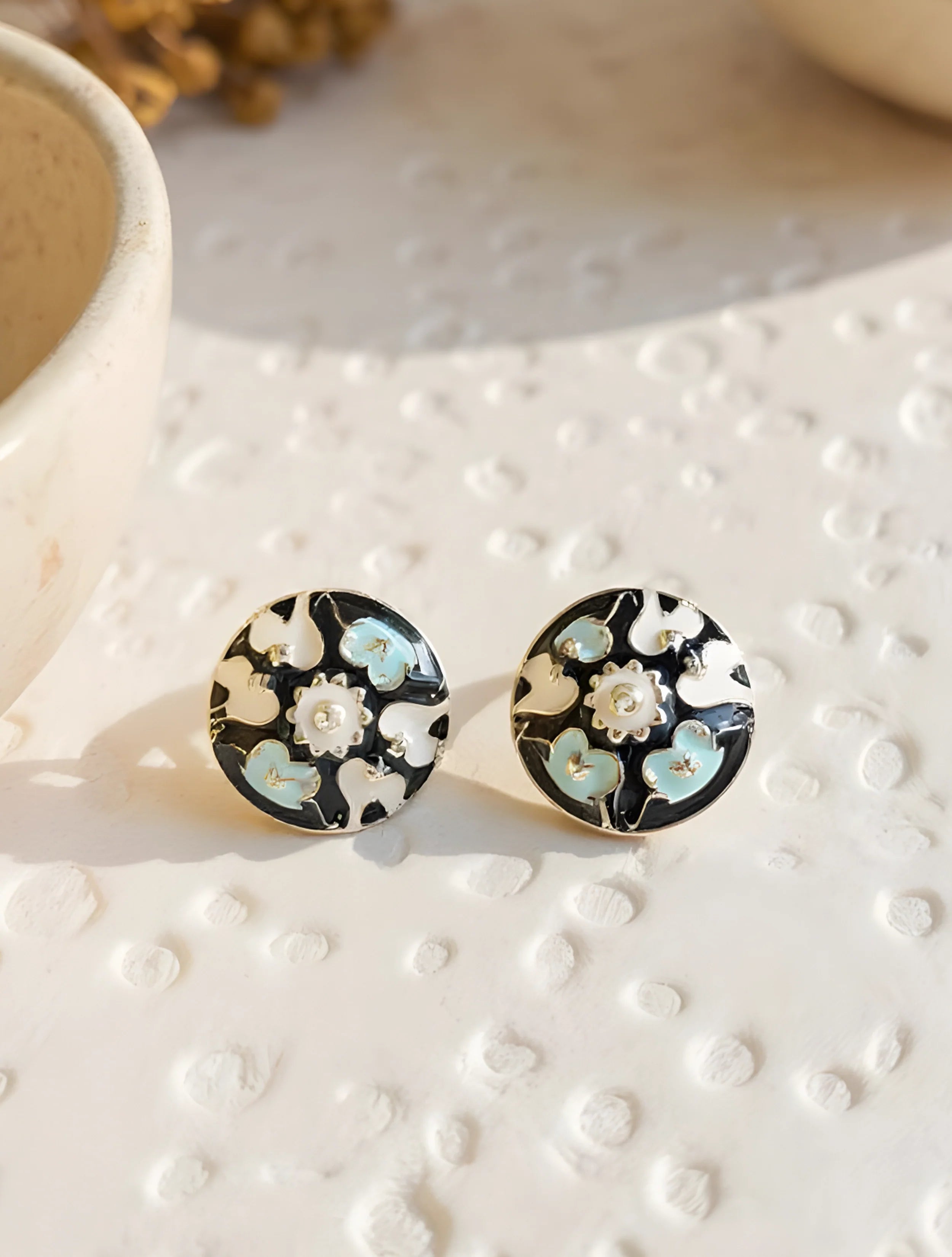 truebrowns Blue And White Round Enamel Stud Earrings