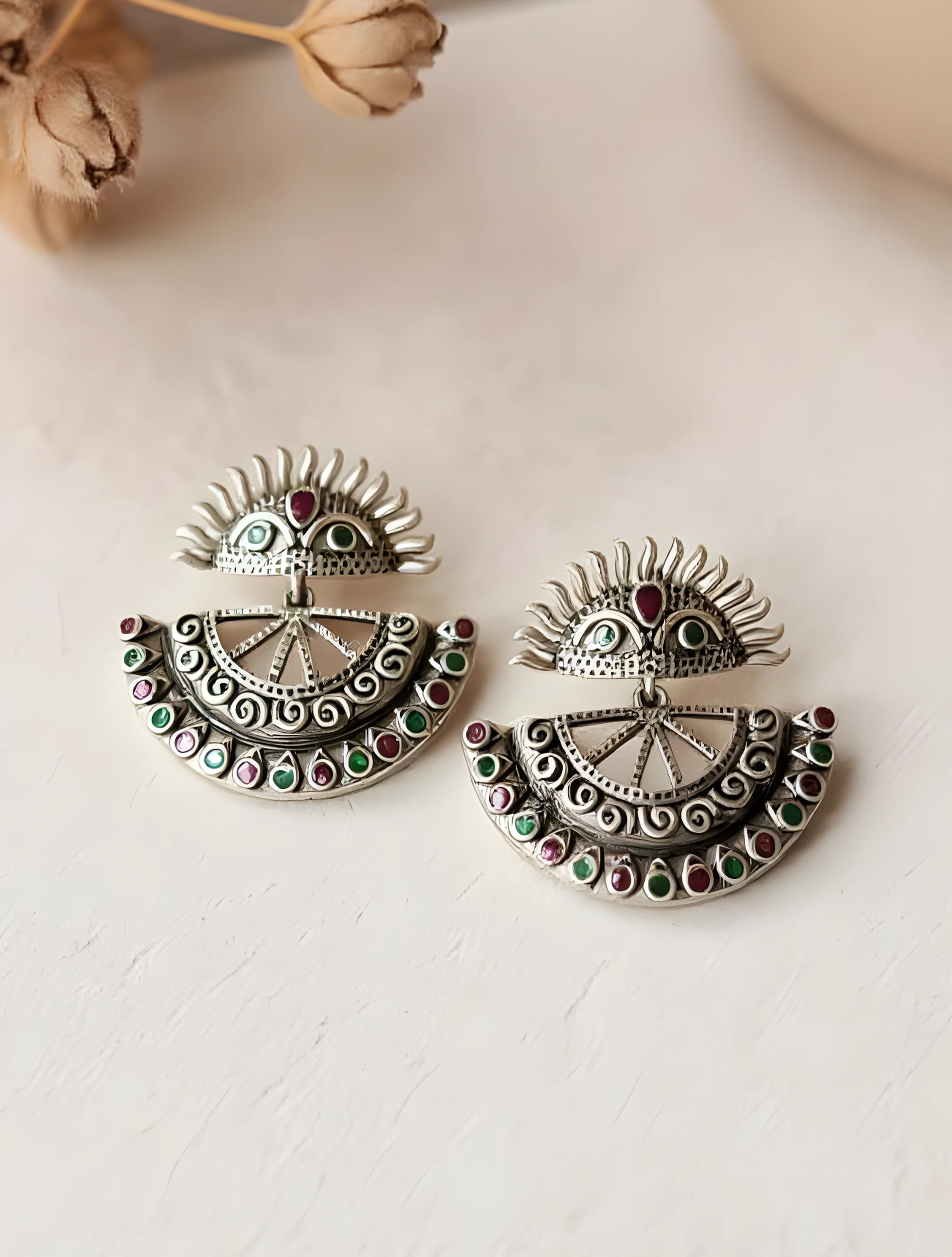 trueBrowns Sliver Toned Half Mandala Stone Studded Earrings