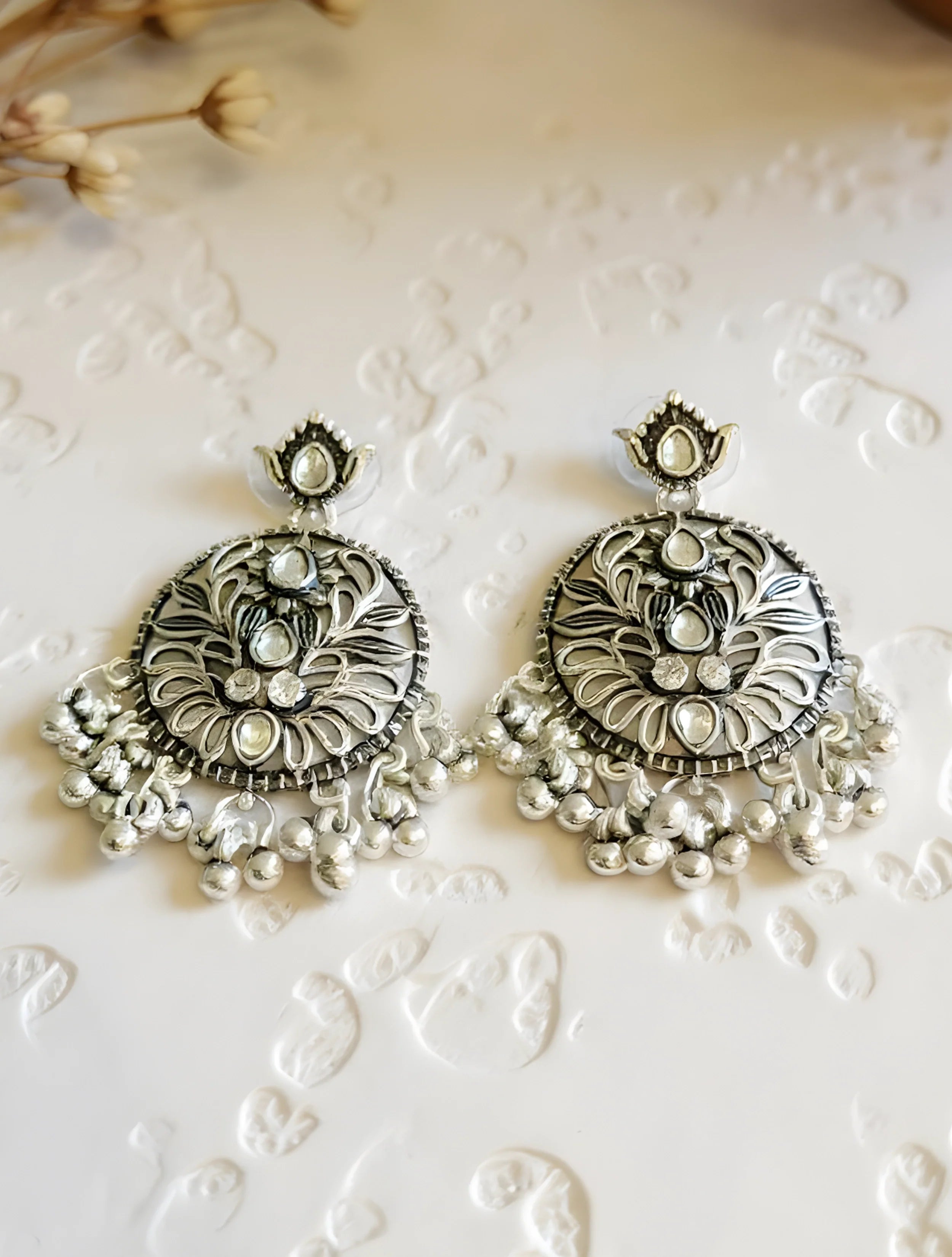 trueBrowns Silver Toned Round Stone Studded Earrings