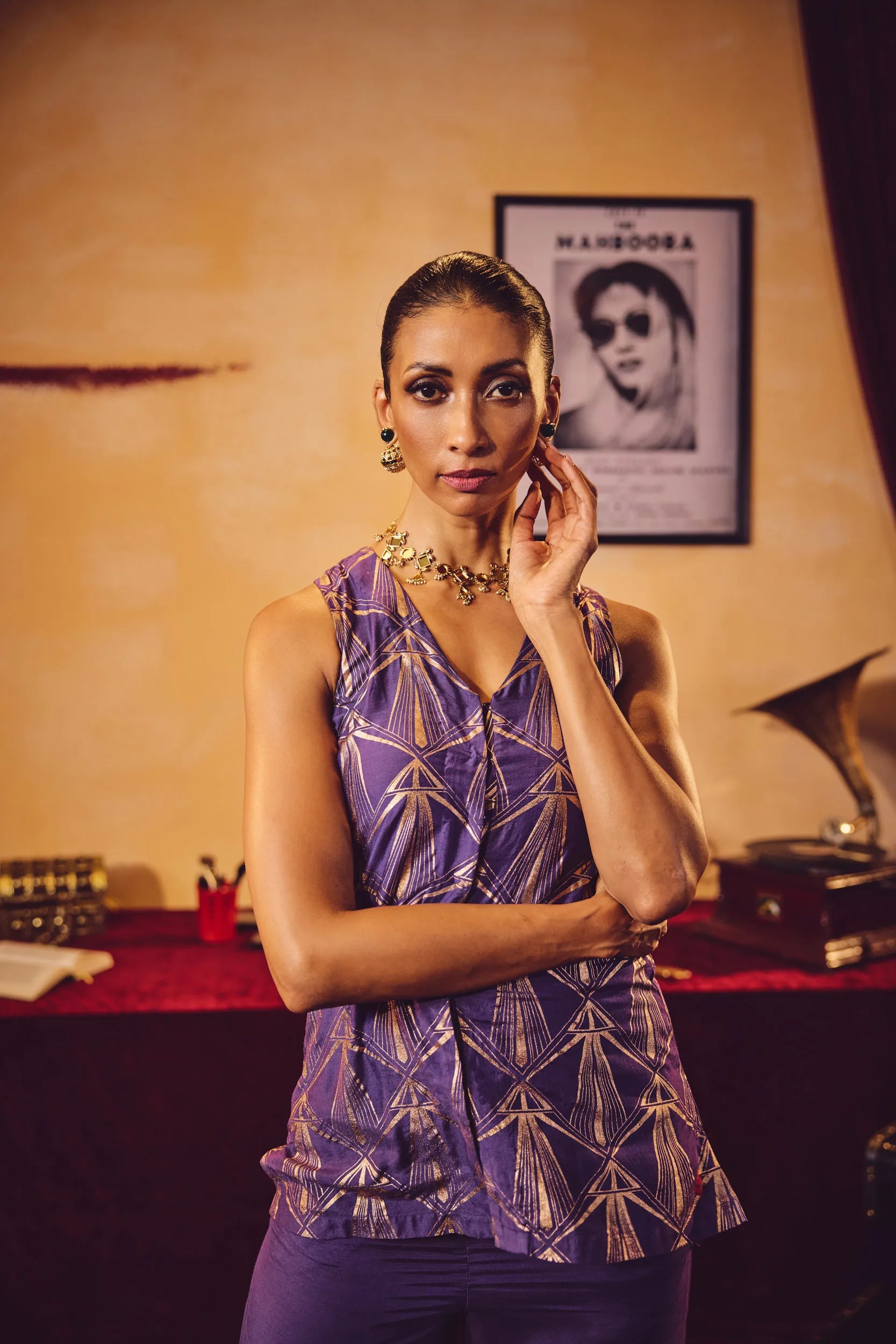 trueBrowns Purple Rose-Gold Foil Print Jacket and Flared Pants Co-ord Set