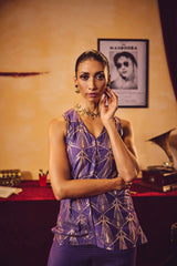 trueBrowns Purple Rose-Gold Foil Print Jacket and Flared Pants Co-ord Set