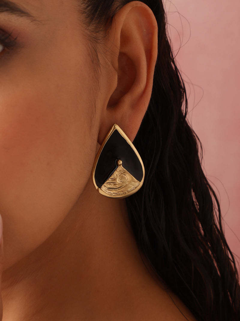 trueBrowns Brass Black Stone Drop Stud Earrings