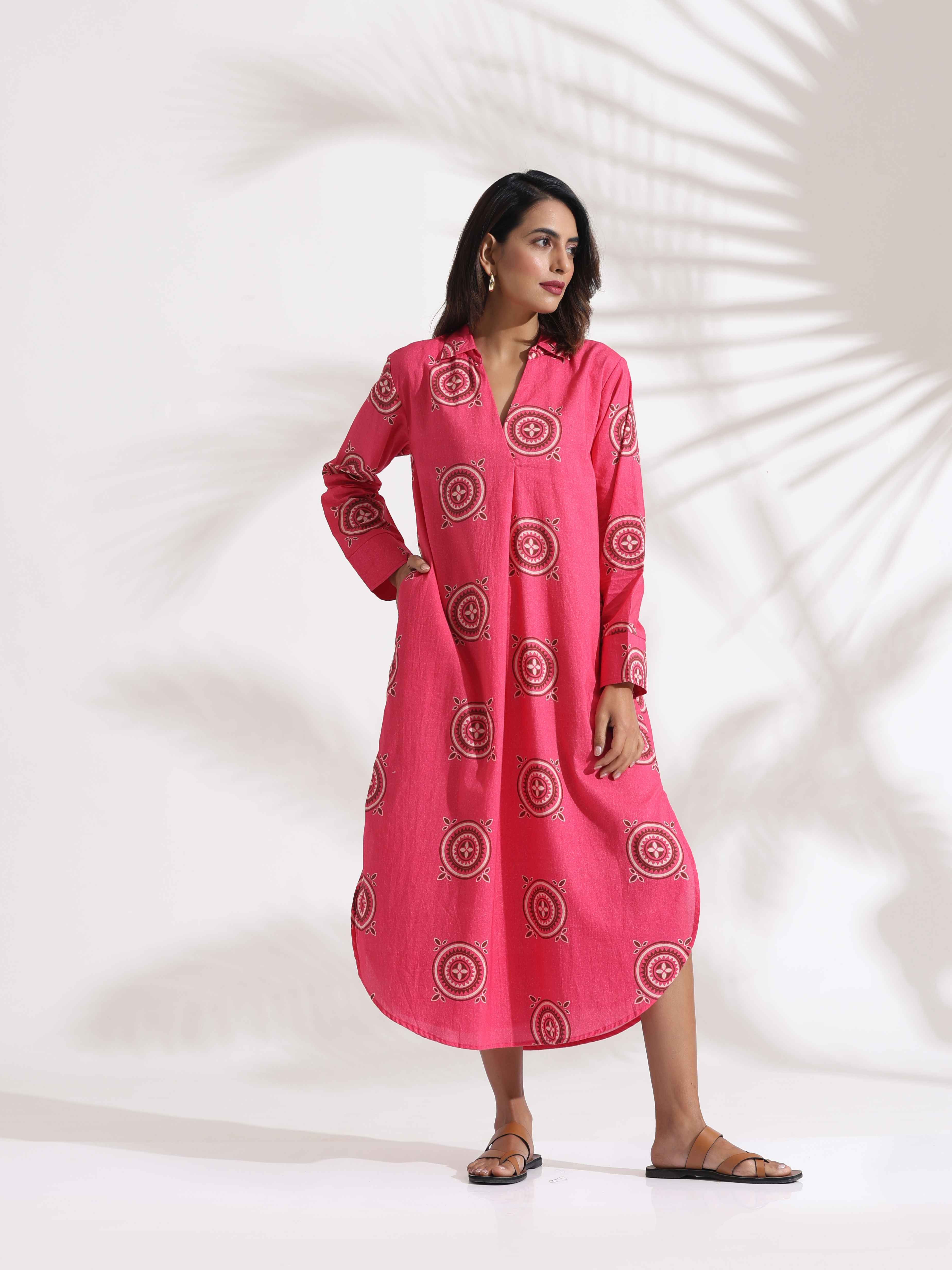 trueBrowns Pink Cotton Print A-line Dress