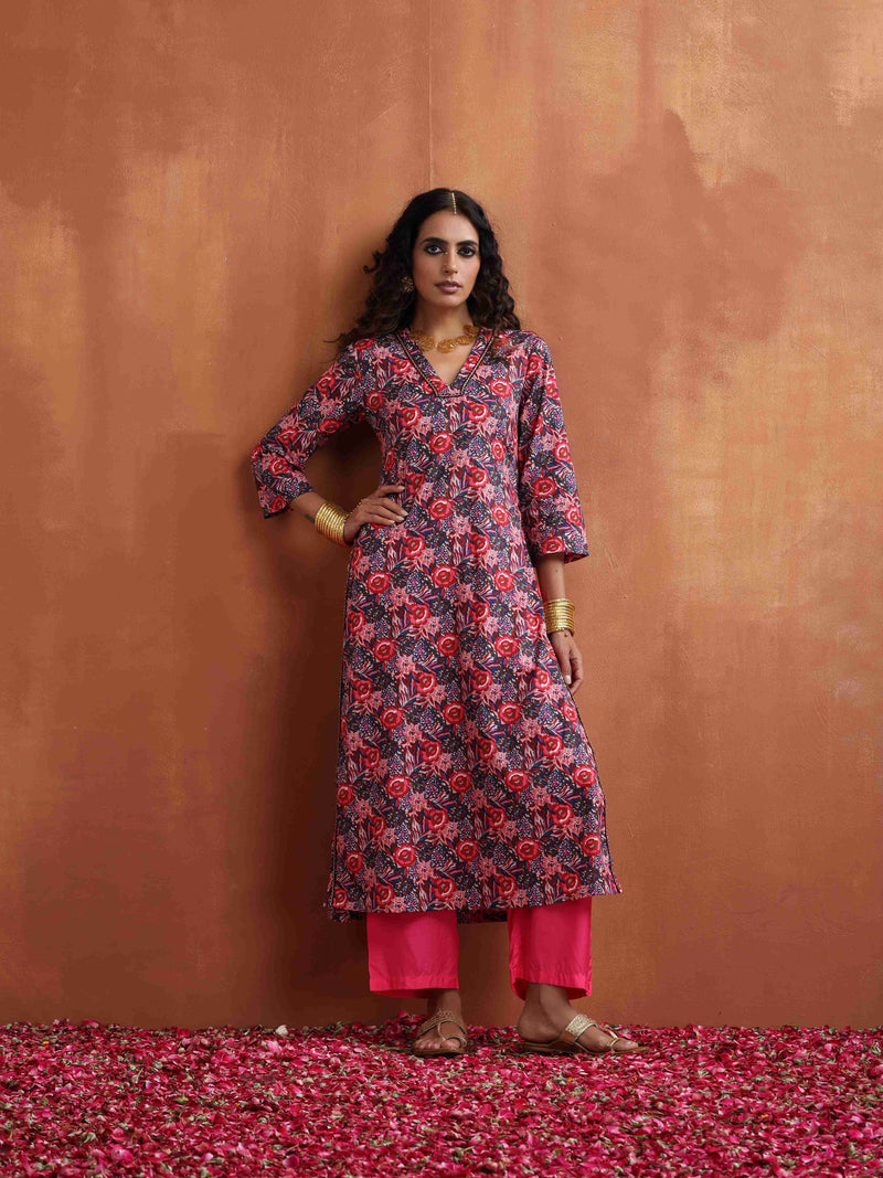 trueBrowns Pink Print High Slit Kurta Set