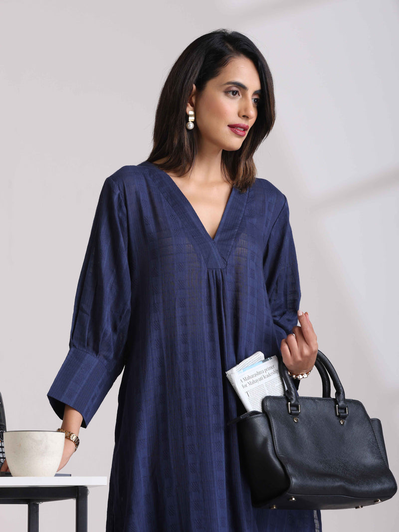 trueBrowns Blue Cotton Dobby Kurta Pant Set