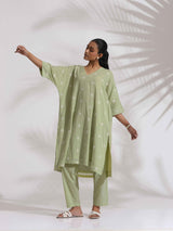 trueBrowns Green Cotton Floral Embroidered Kurta Co-ord Set