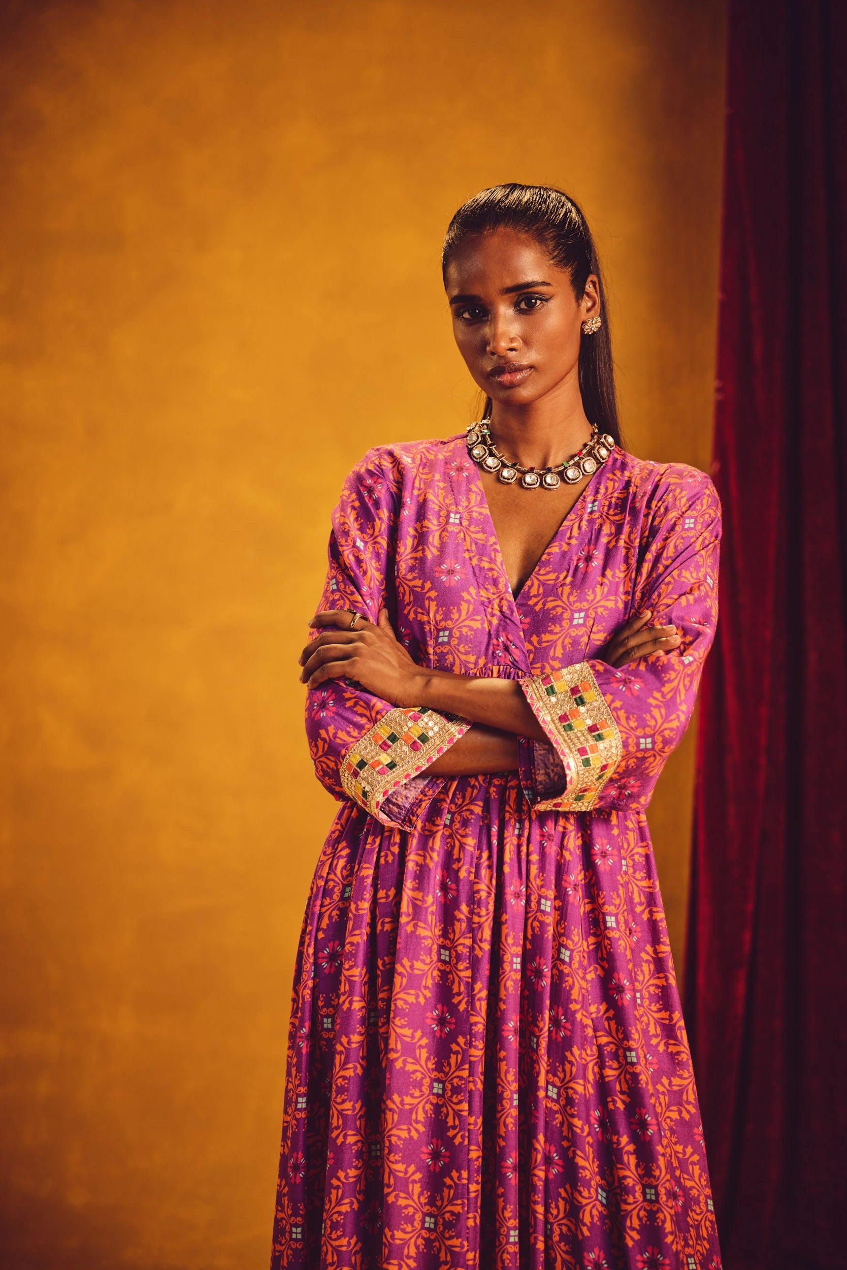 trueBrowns Purple Orange Jaal Print Viscose Anarkali High-Slit Kurta Set