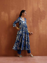 trueBrowns Blue Metallic Flared Anarkali Kurta Set