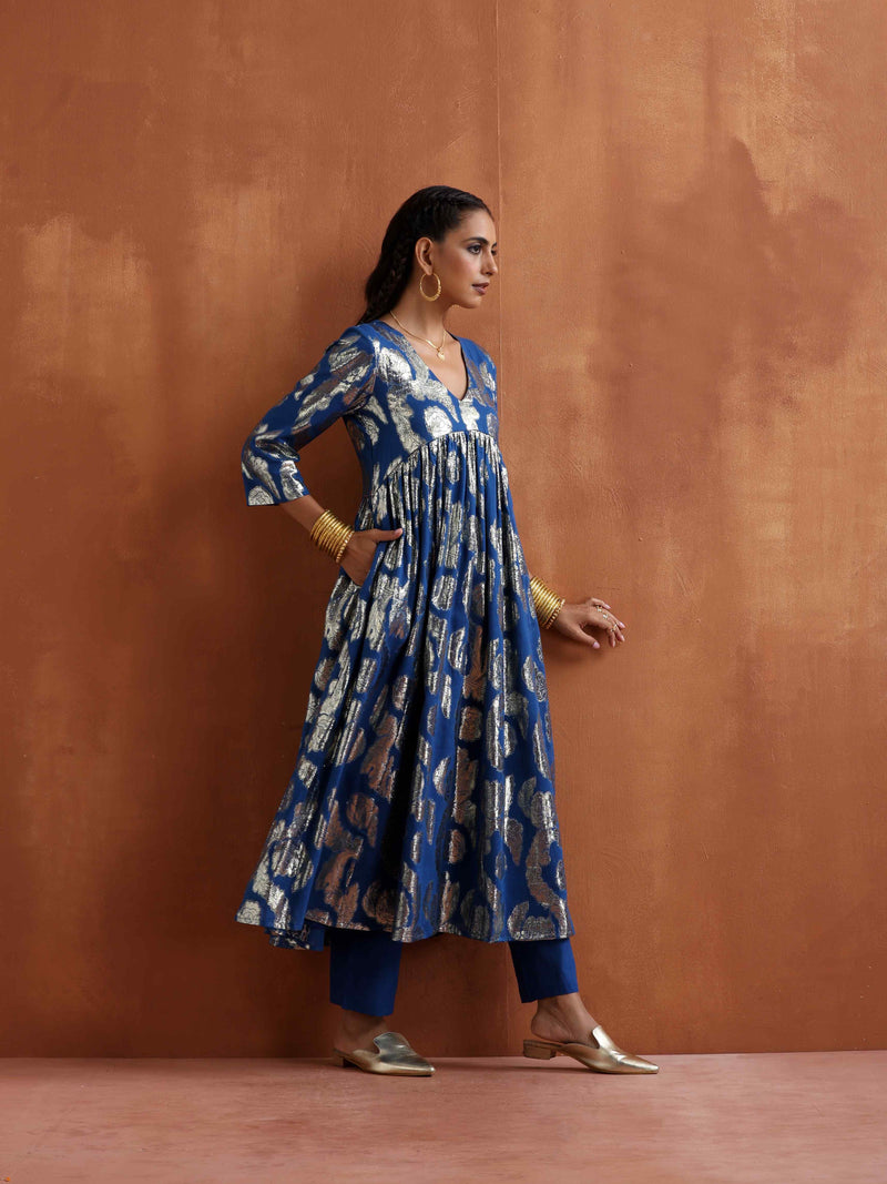 trueBrowns Blue Metallic Flared Anarkali Kurta Set