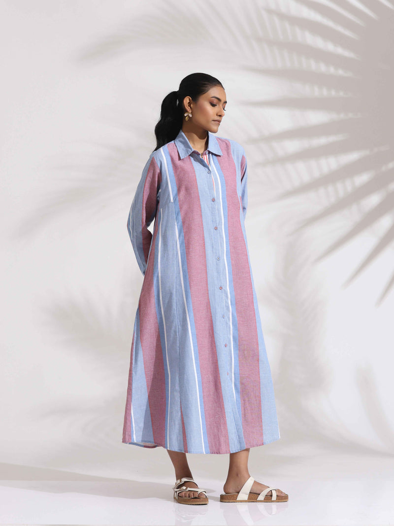 trueBrowns Blue Cotton Stripe Flared Shirt Dress