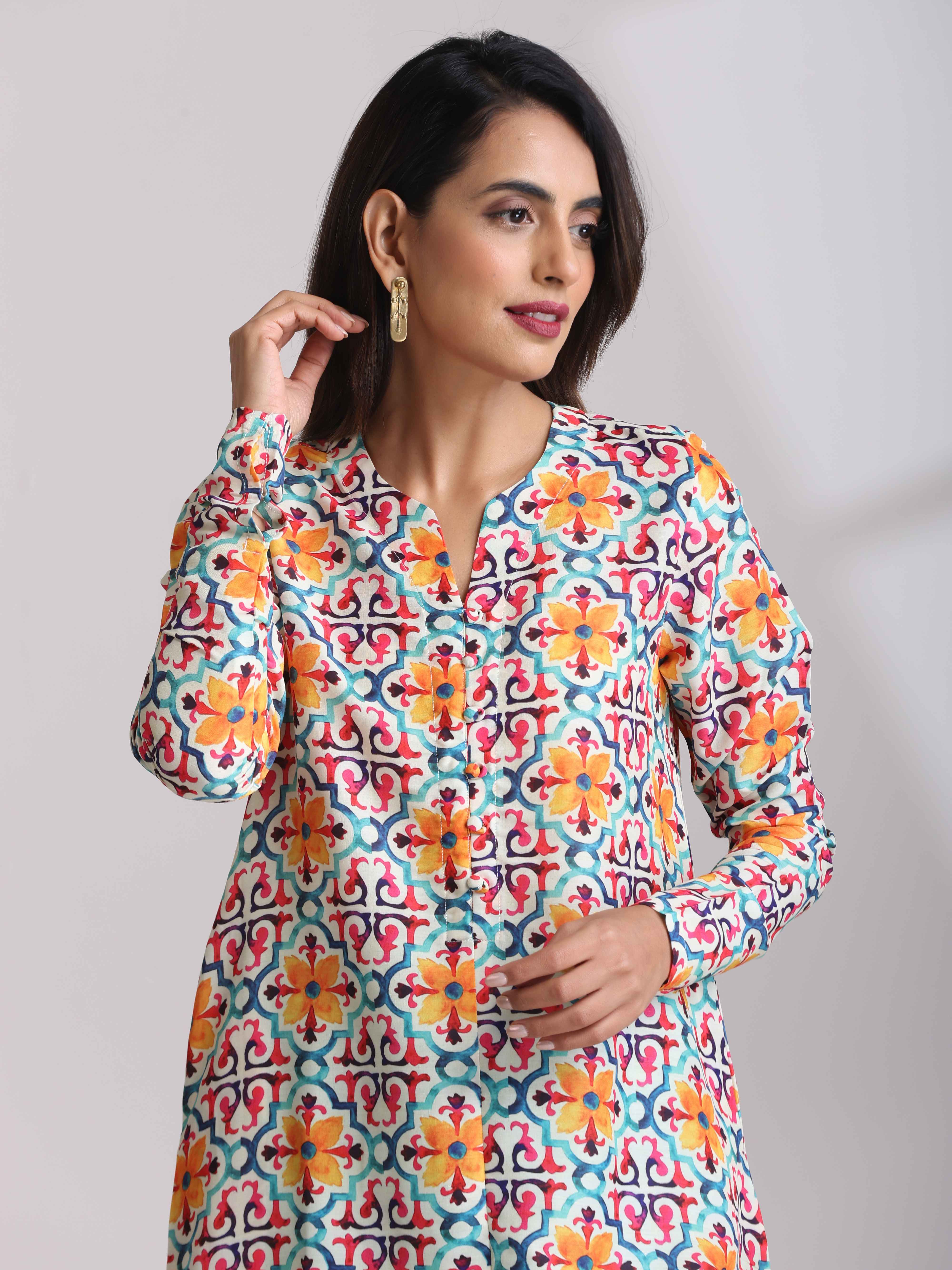 trueBrowns Off White Print Kurta Co-ord Set