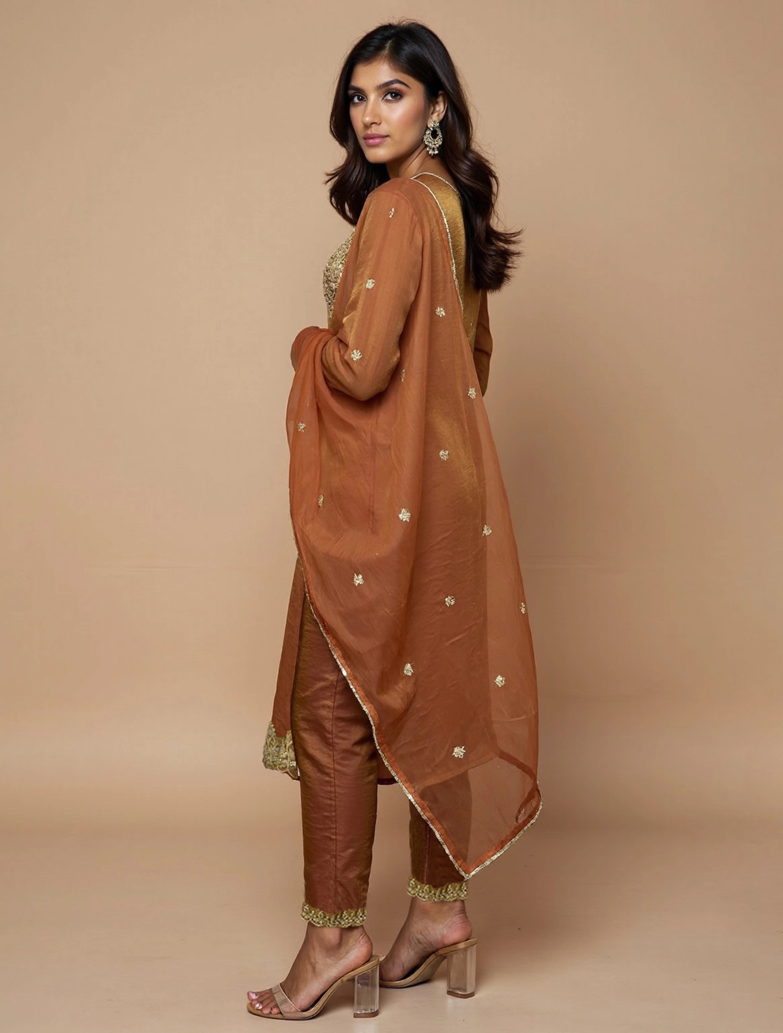 trueBrowns Brown All Over Embroidered Tissue Straight Kurta 3pc Set