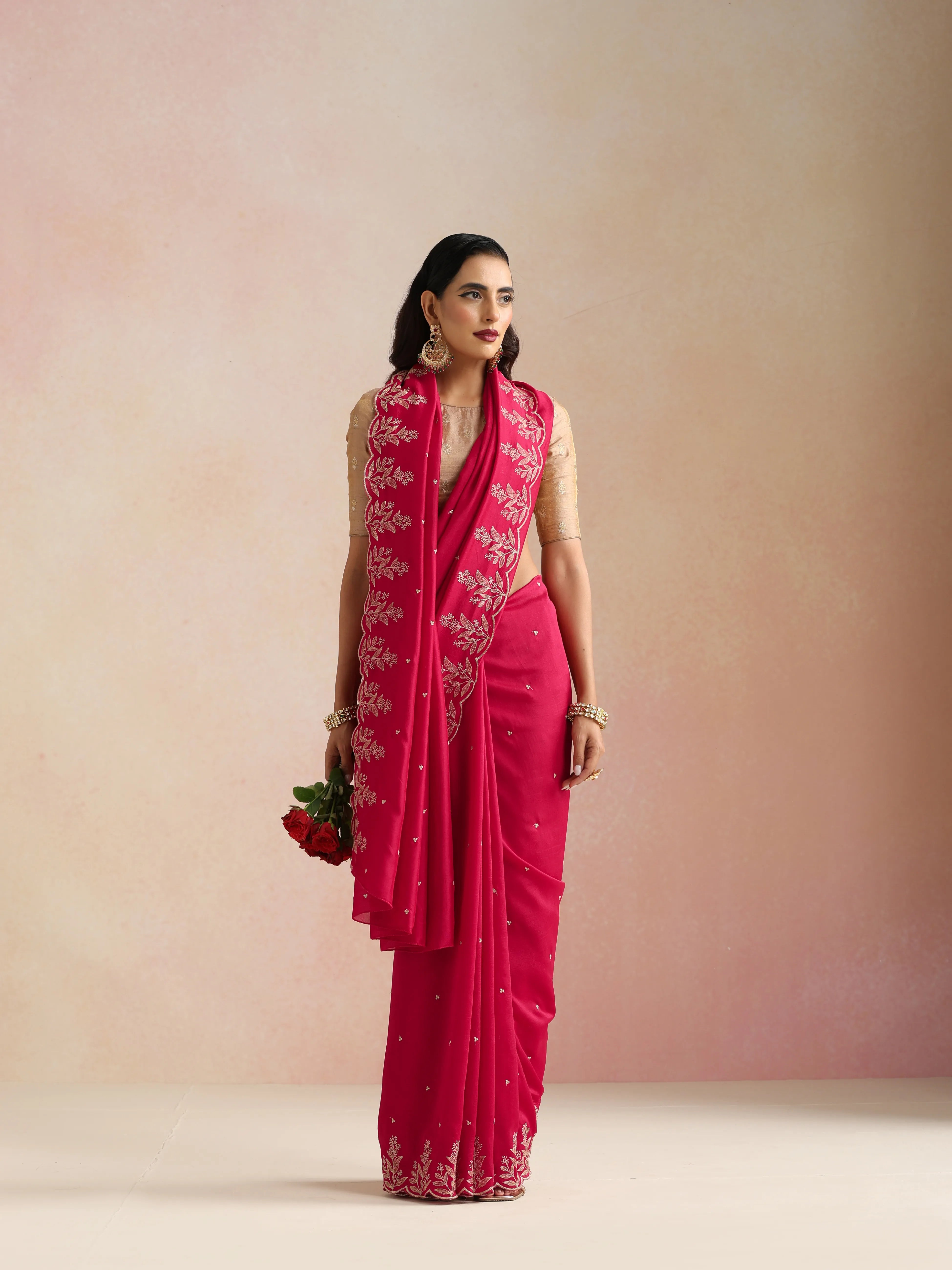 trueBrowns Pink All Over Zari Embroidered Saree With Unstitched Blouse