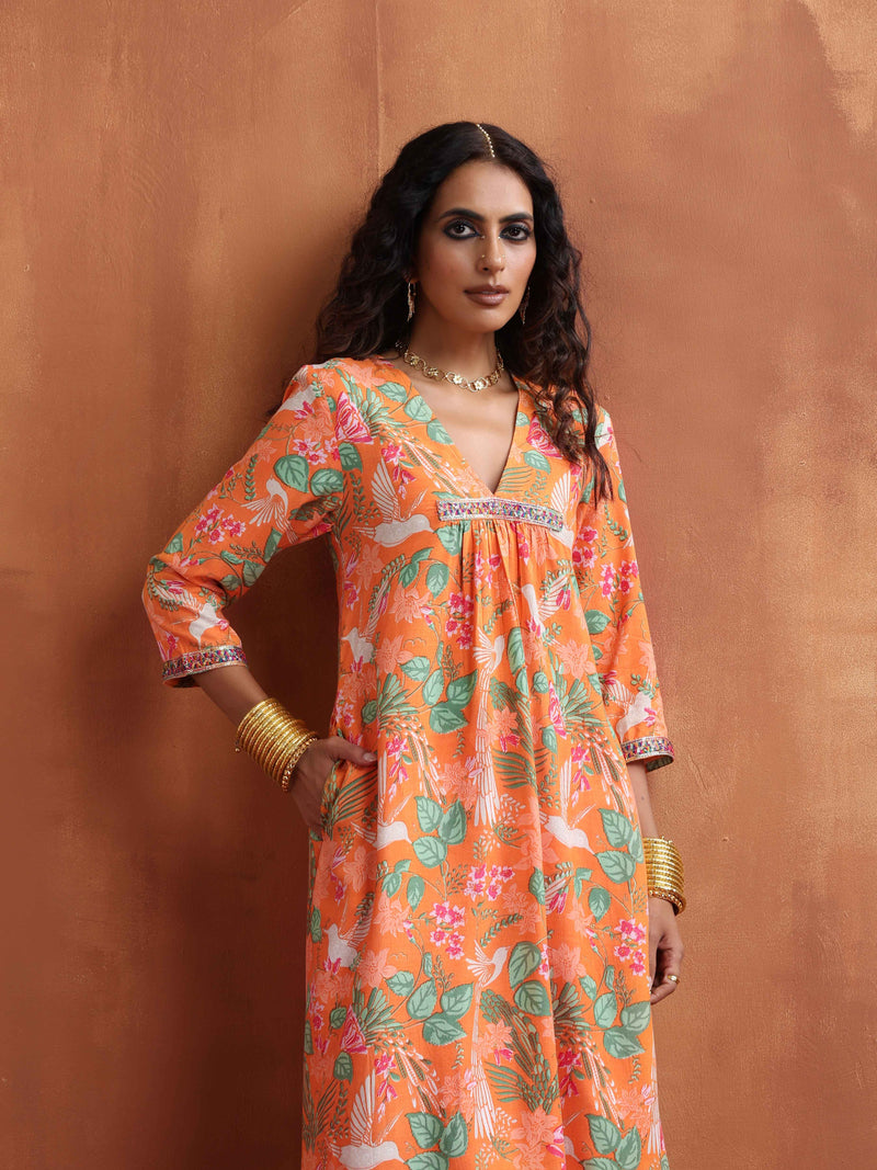 trueBrowns Orange Floral Print A-line Kurta Set