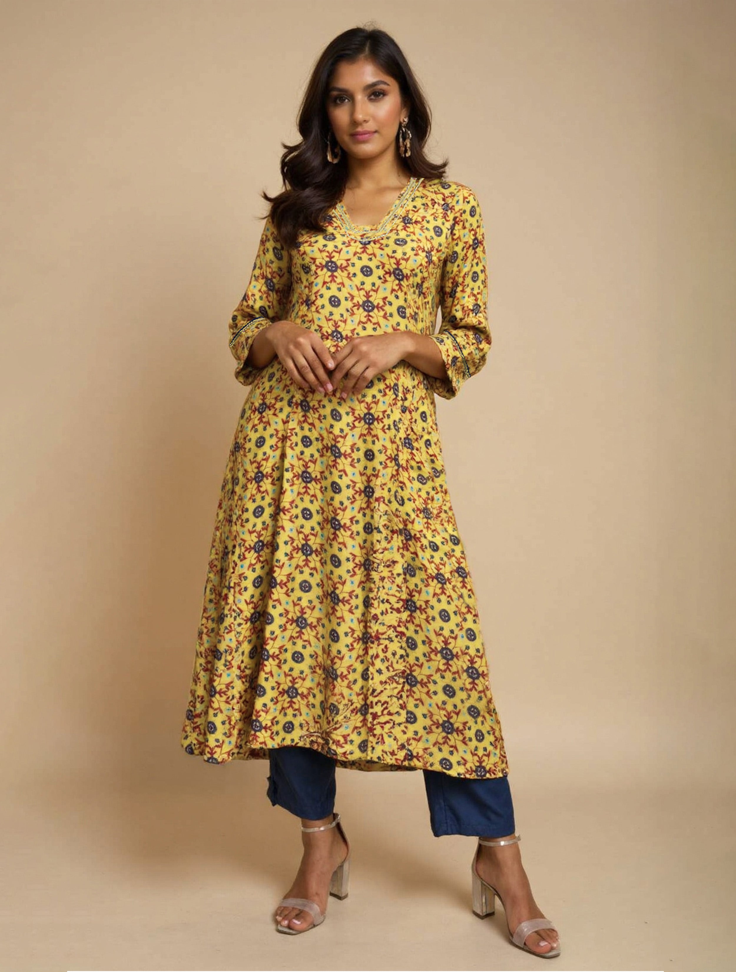 trueBrowns Lime Pink Floral Print A-line Glass Neck Kurta Set
