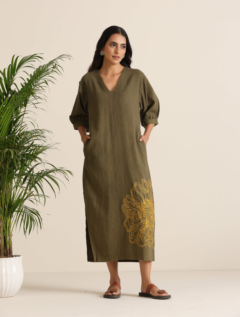 trueBrowns Olive Cotton Embroidered Dress