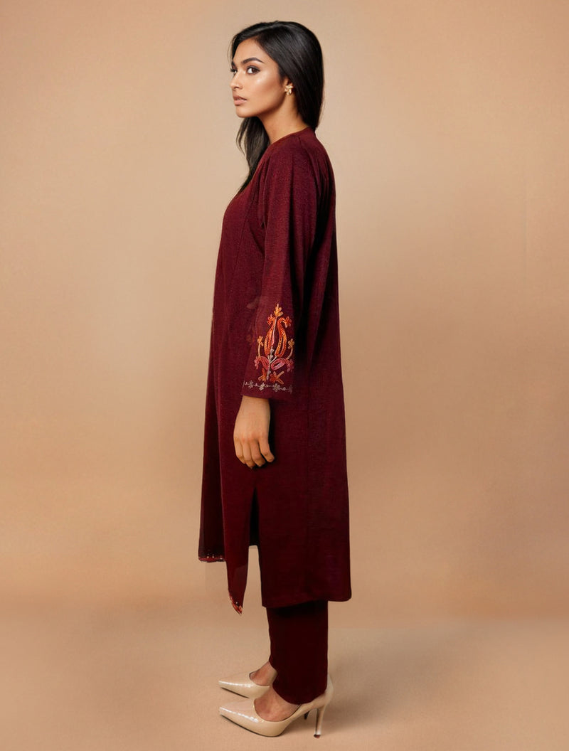 trueBrowns Maroon Embroidered Woollen Phiran Kurta Set