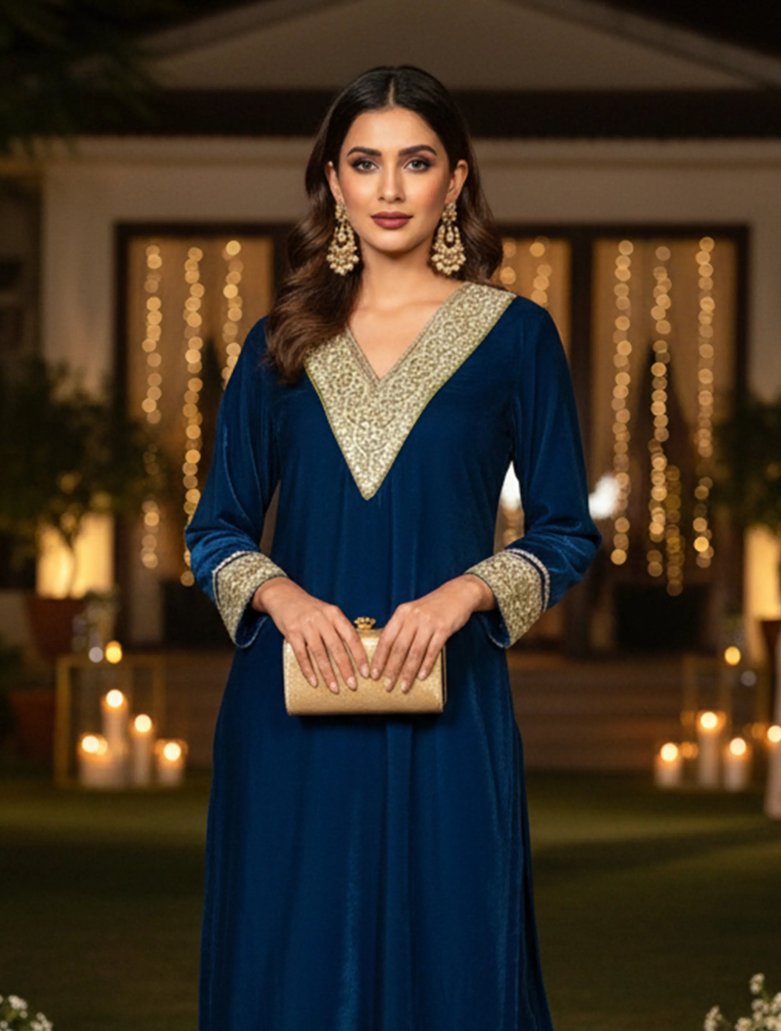trueBrowns Blue Velvet Straight High-Slit Kurta