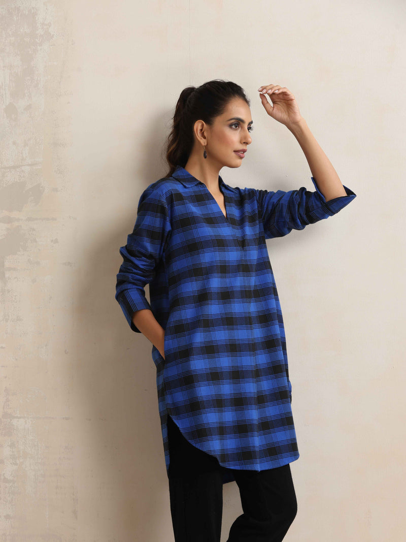 trueBrowns Blue Check Pleated Winter Top