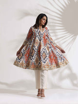 trueBrowns Off White Ikat Print Anarkali Kurta Co-ord Set