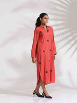 trueBrowns Orange Cotton Embroidered Flared Dress