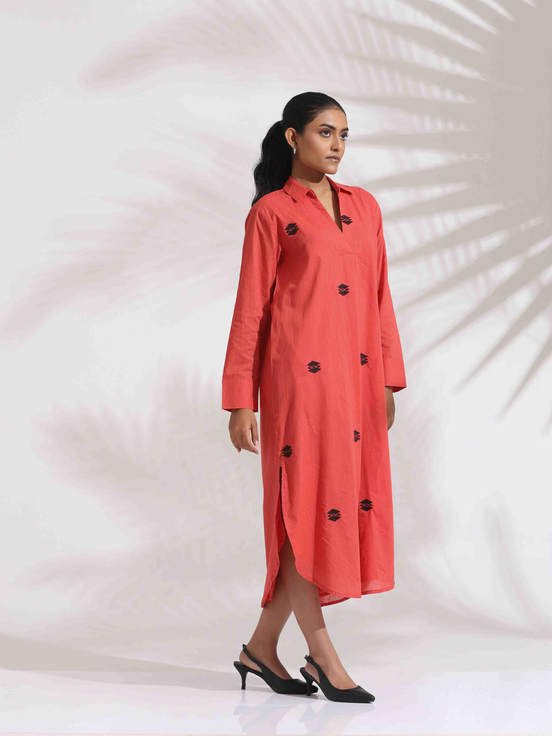 trueBrowns Orange Cotton Embroidered Flared Dress