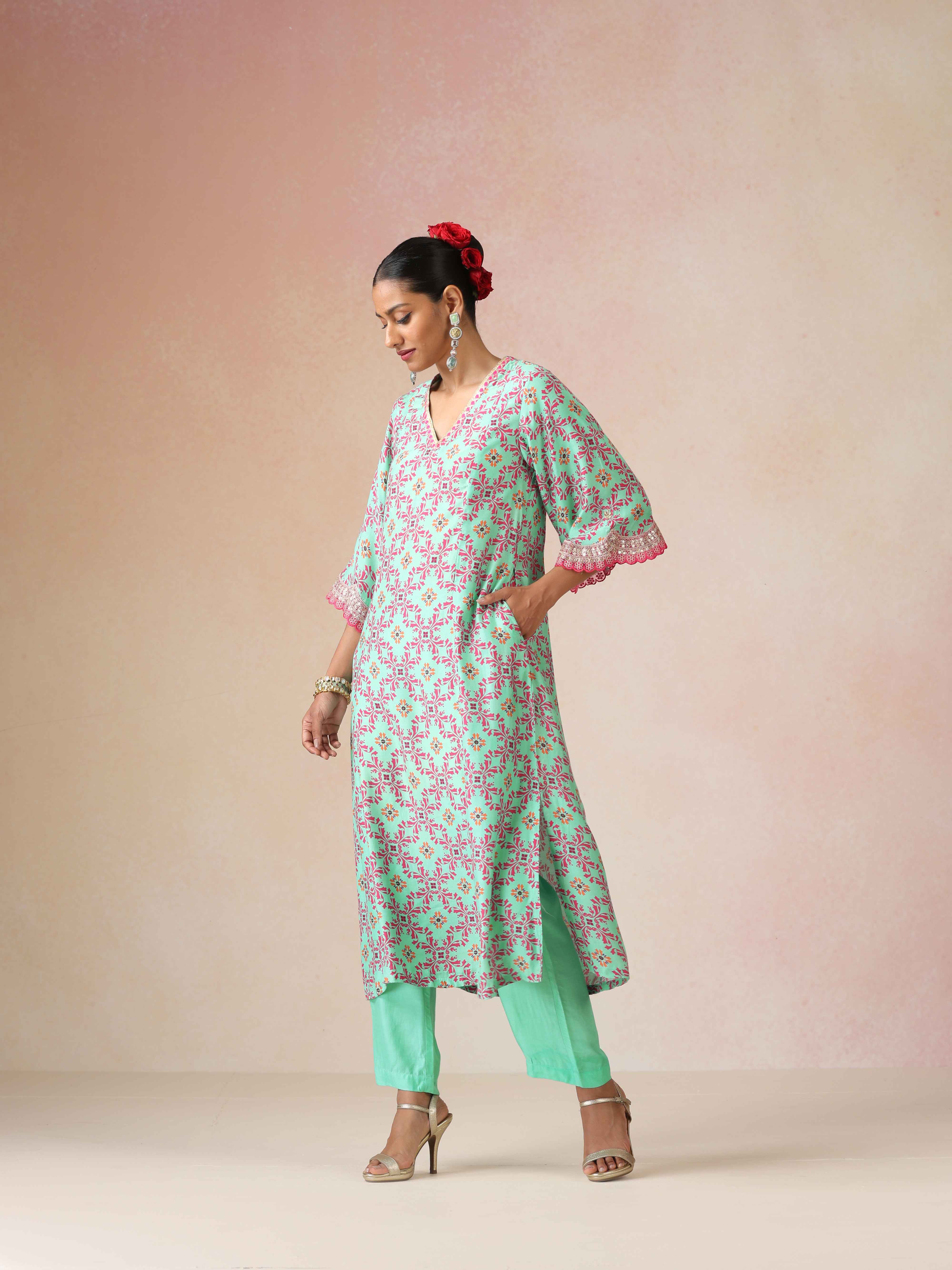 trueBrowns Mint Pink Jaal Print Viscose A-line Kurta Set