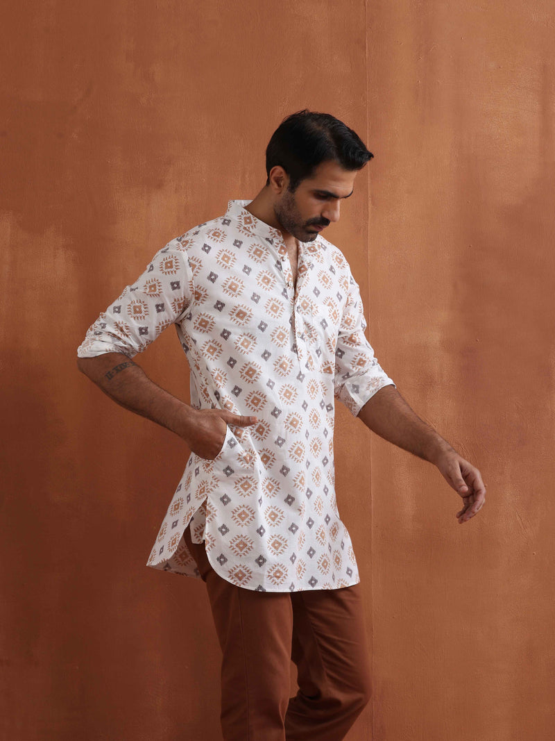 trueBrowns Men's Ivory Printed Short Kurta