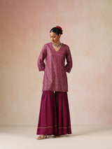 trueBrowns Magenta Gold Foil Print Muslin Silk Sharara Set