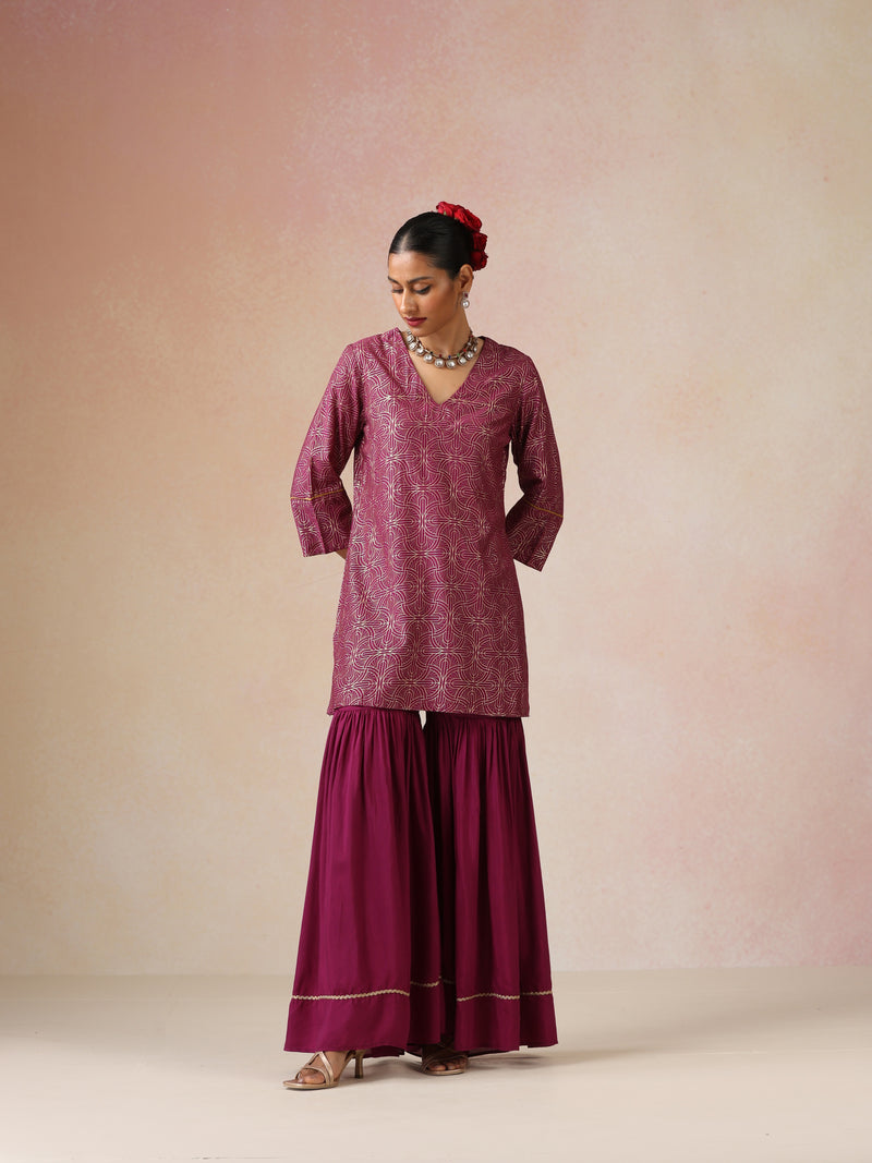 trueBrowns Magenta Gold Foil Print Muslin Silk Sharara Set