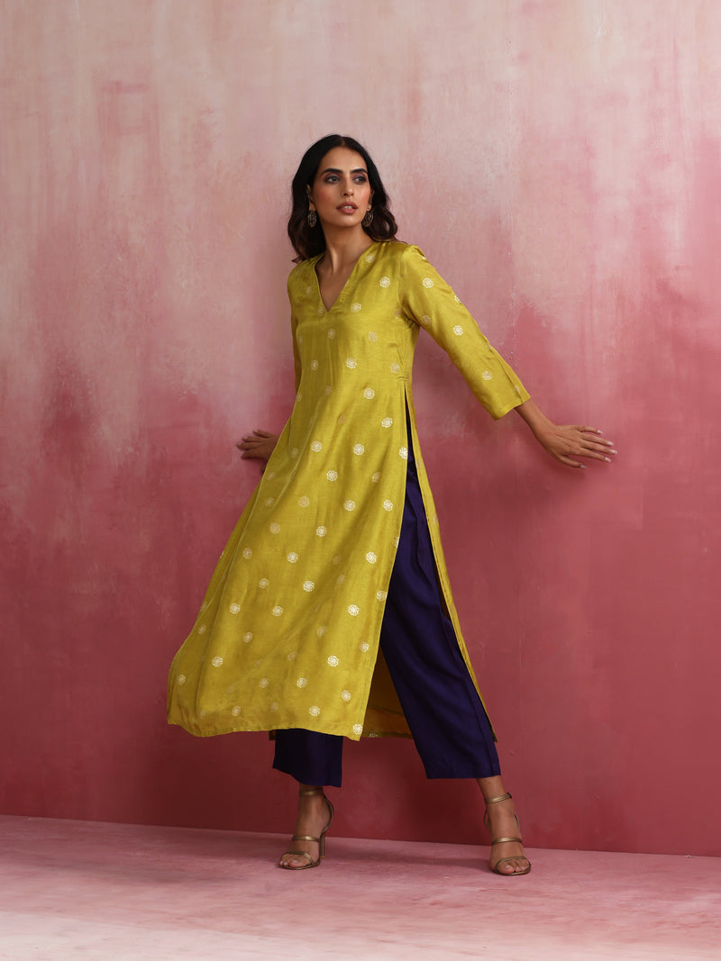 trueBrowns Lime Viscose Silk Kurta Set