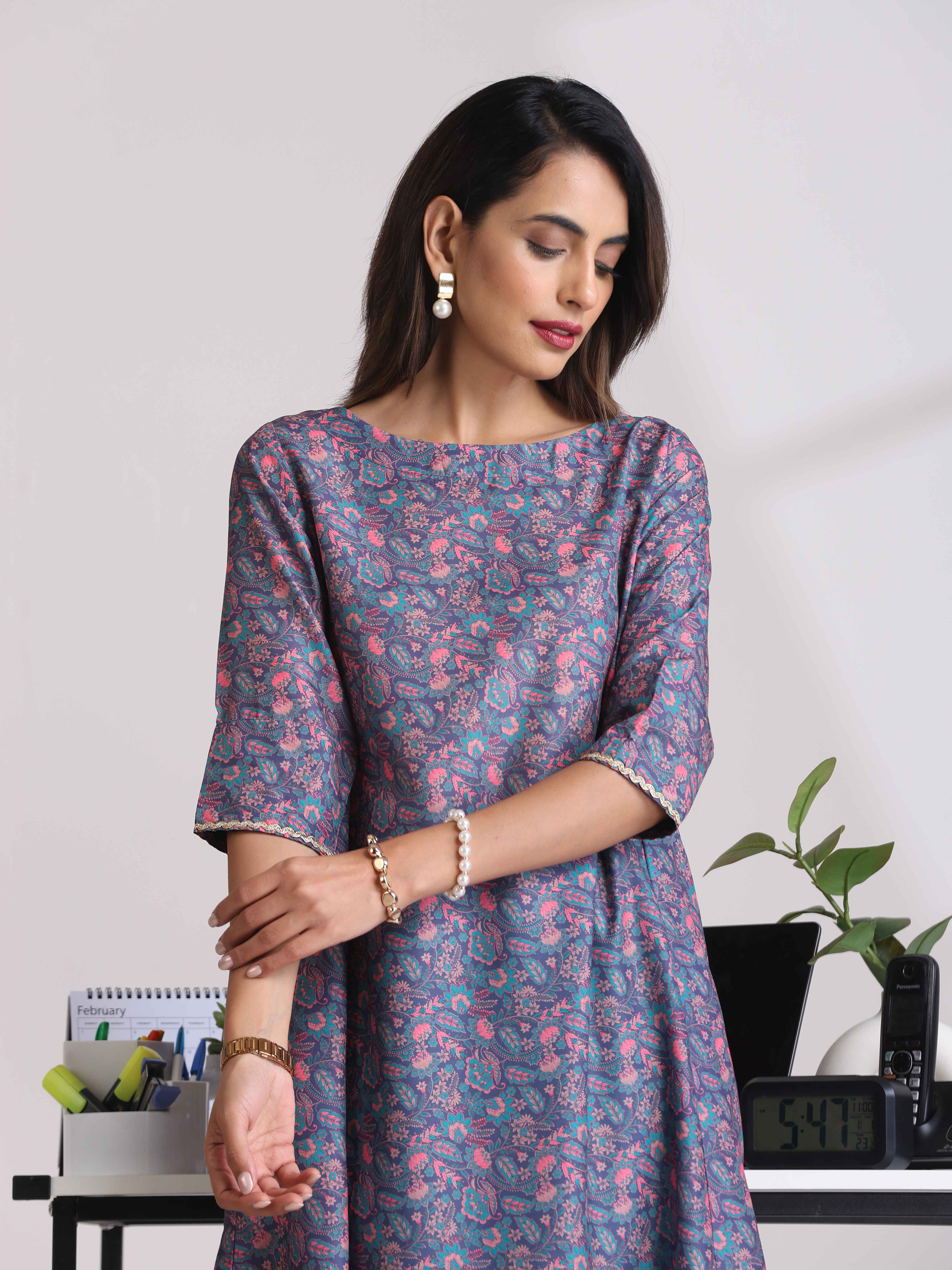 trueBrowns Purple Floral Print A-line Kurta Set