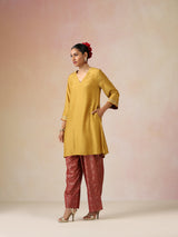 trueBrowns Mustard Gold Foil Print Muslin Silk Kurta Farsi Pants Set