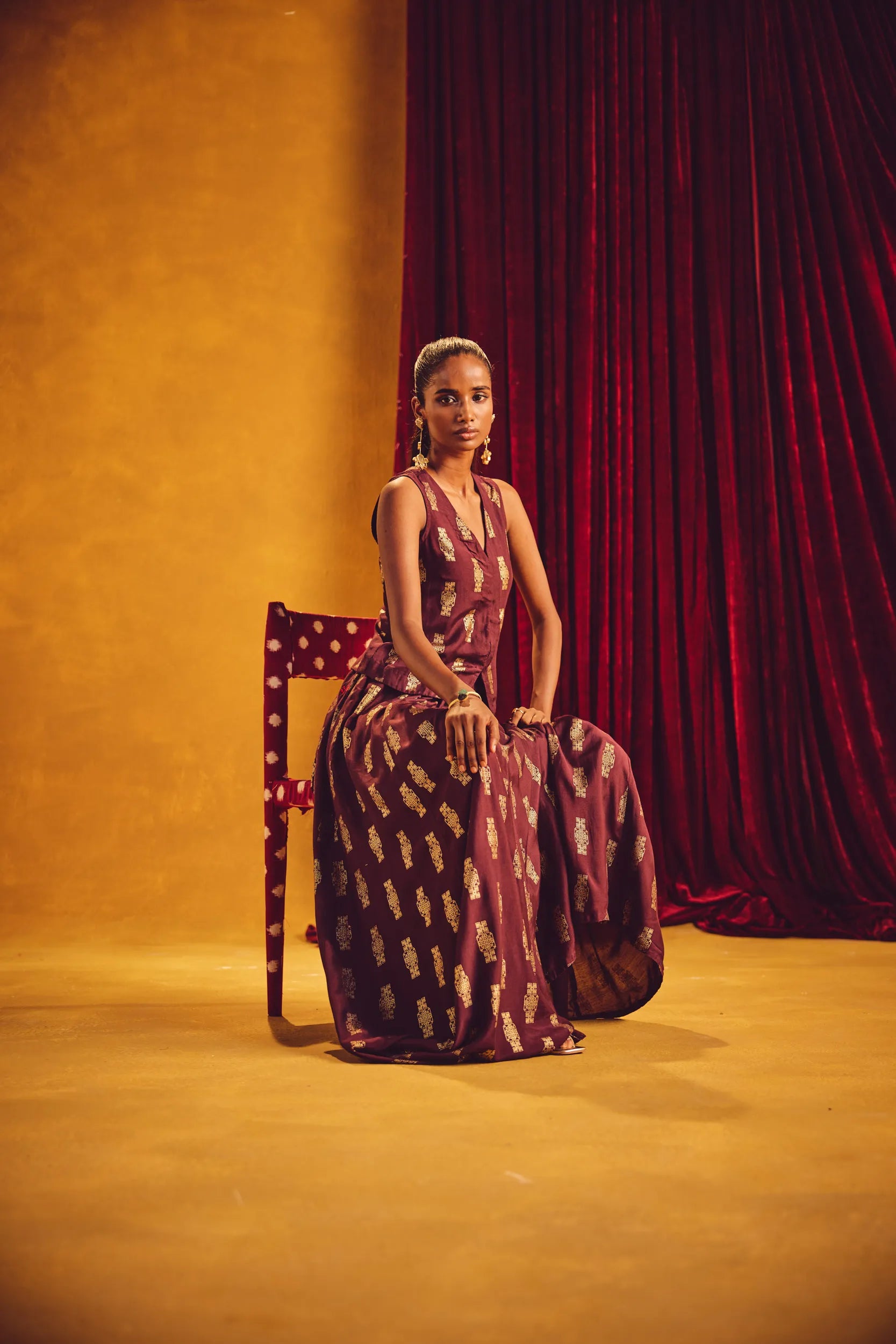 trueBrowns Cola Gold Foil Print Muslin Silk Jacket Skirt Co-ord Set