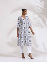 trueBrowns White Cotton Geometric Print Angrakha Kurta Set