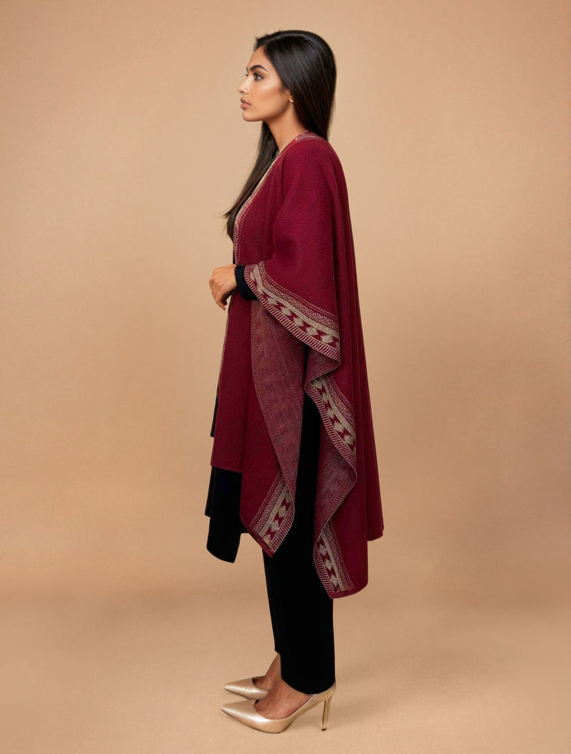 trueBrowns Maroon Woollen Geometric Kaftan Cape