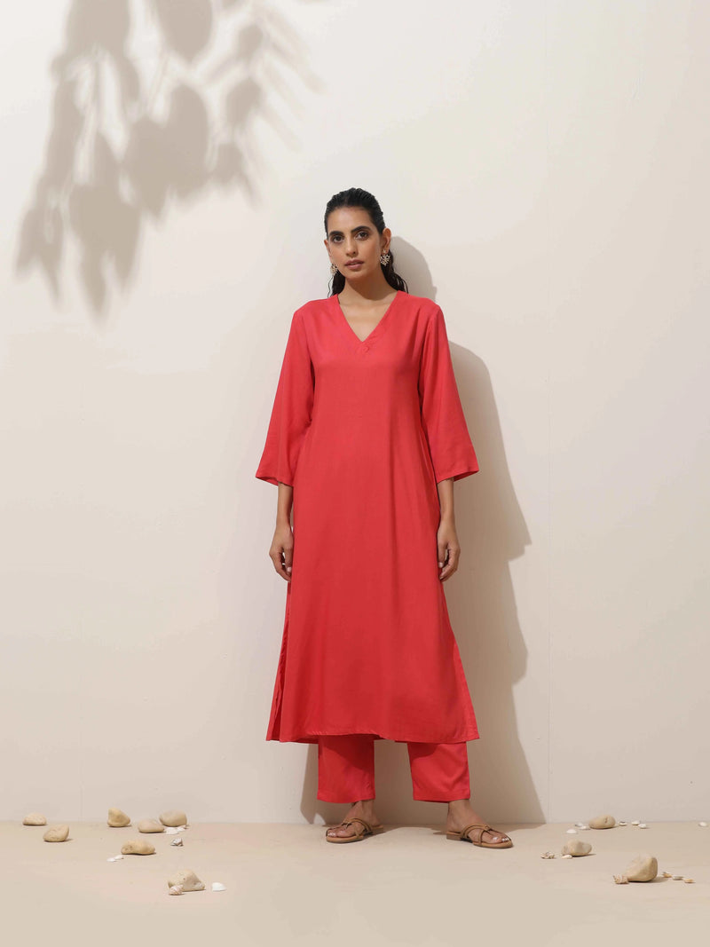 trueBrowns Coral Viscose Solid Kurta Pant Set