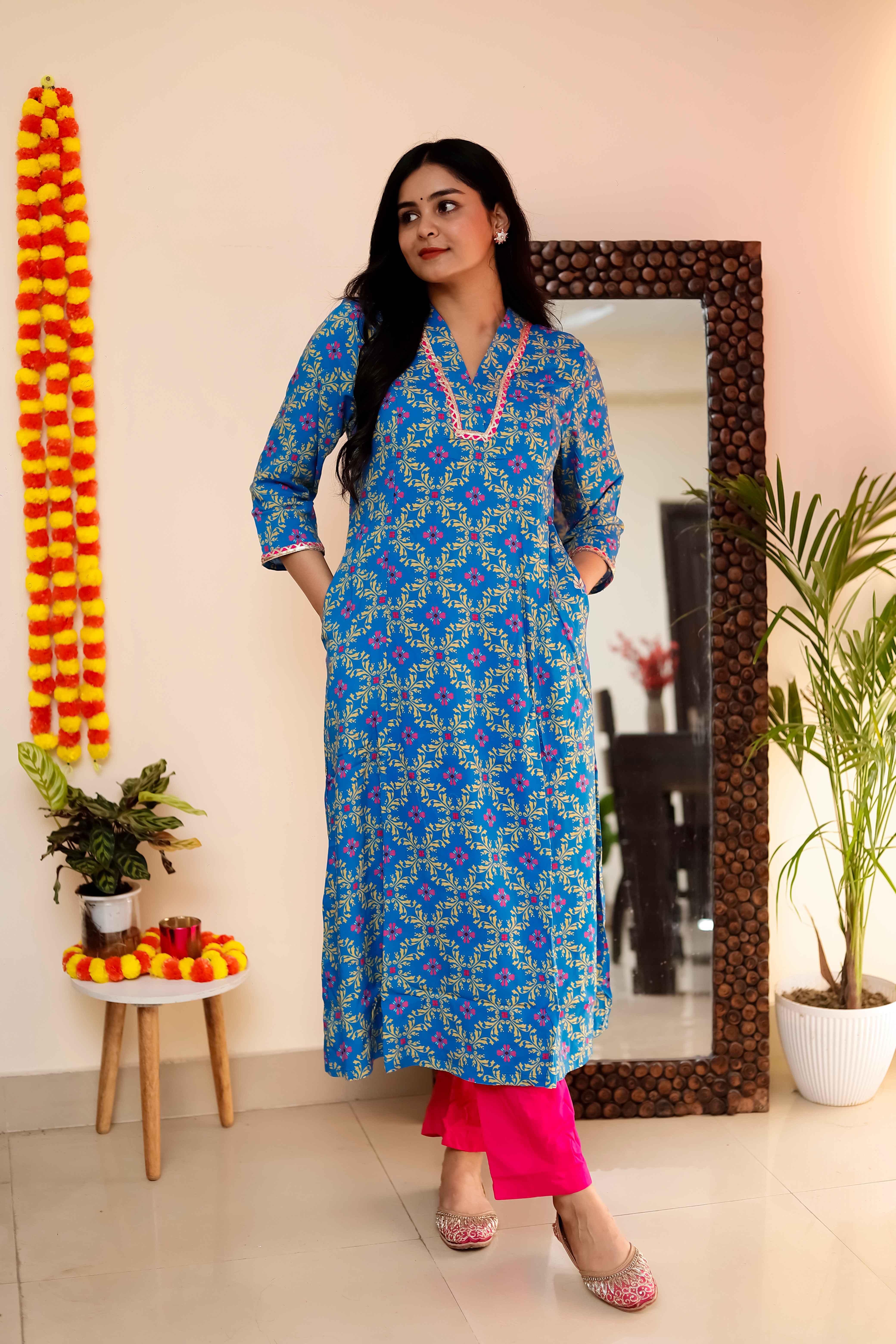 trueBrowns Blue Lime Jaal Print Viscose A-line Kurta Set