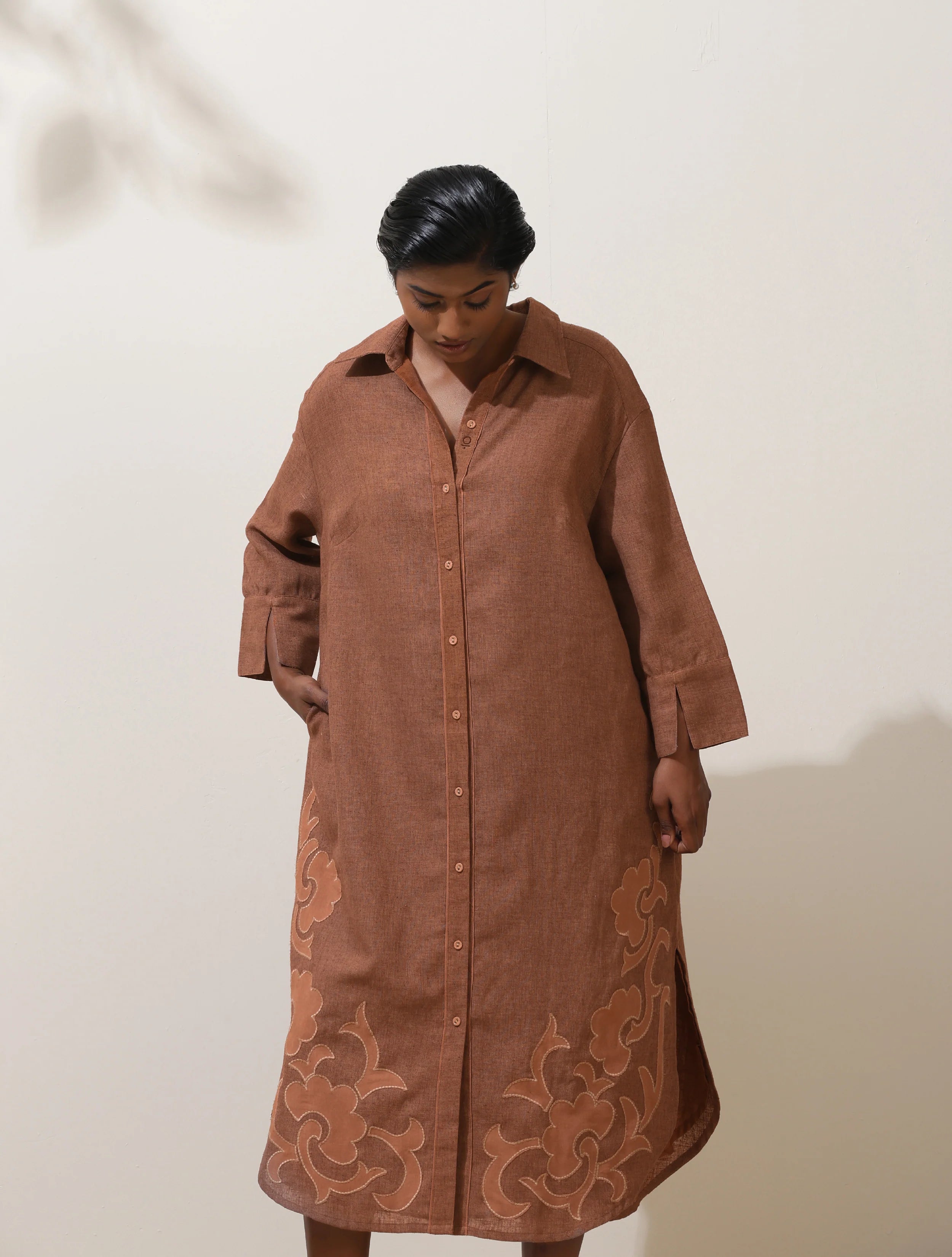 trueBrowns Sierra Brown Embroidered Natural Cotton Dress