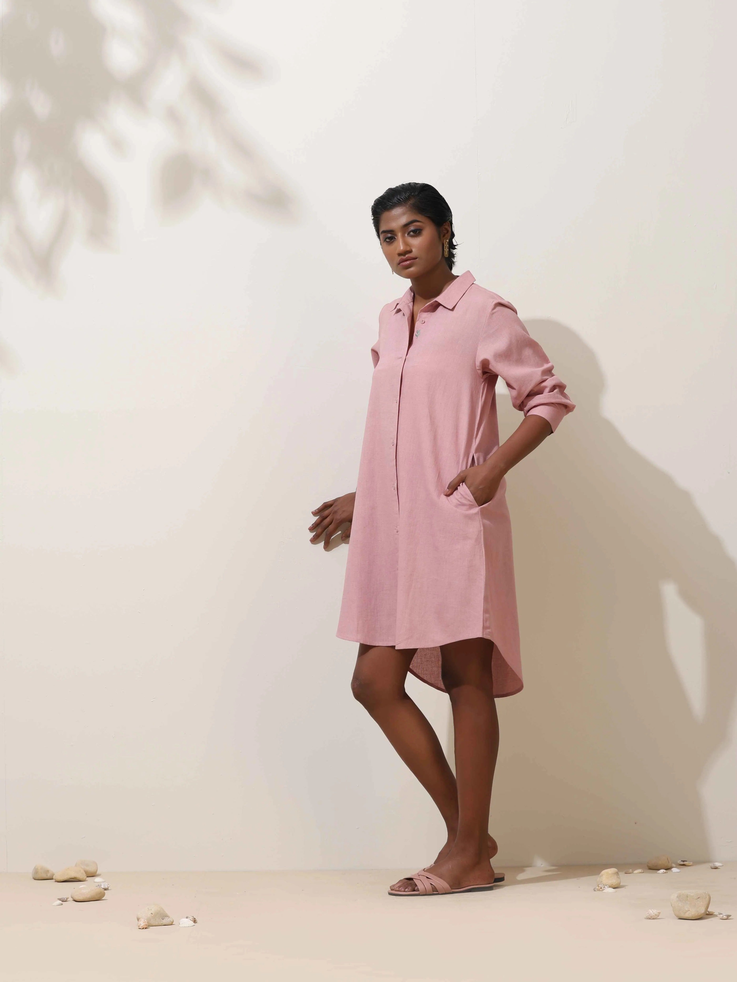 trueBrowns Pink Cotton Linen Dress