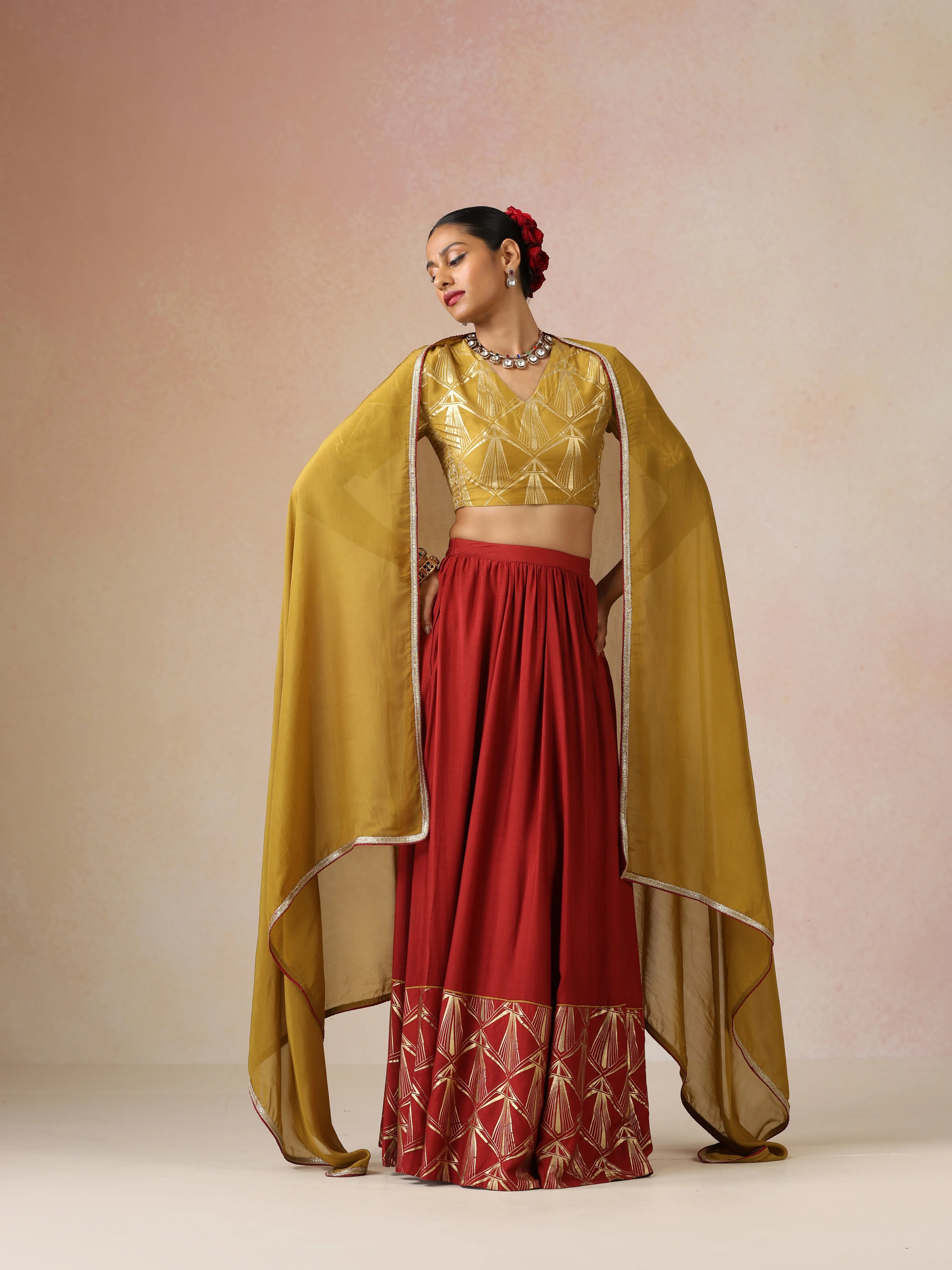 trueBrowns Mustard Gold Foil Print Muslin Silk Blouse Skirt Dupatta Set