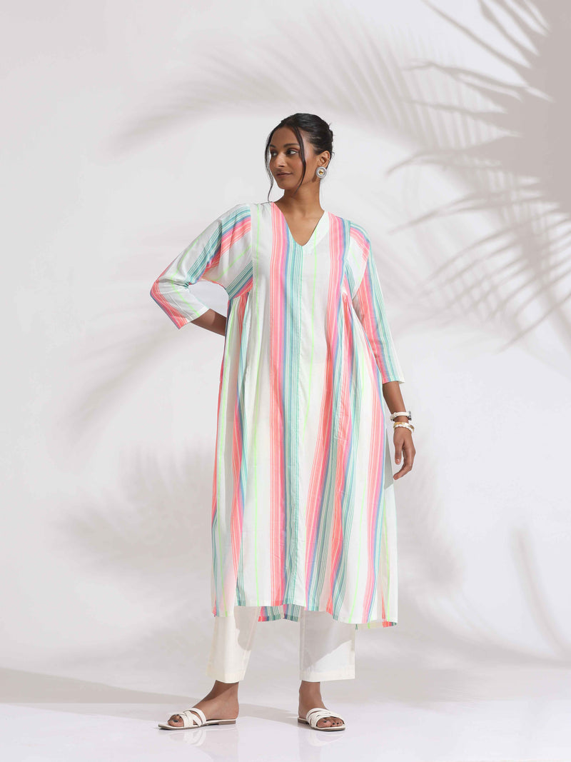 trueBrowns Off-White Cotton Multi Stripe Flared Kurta Set