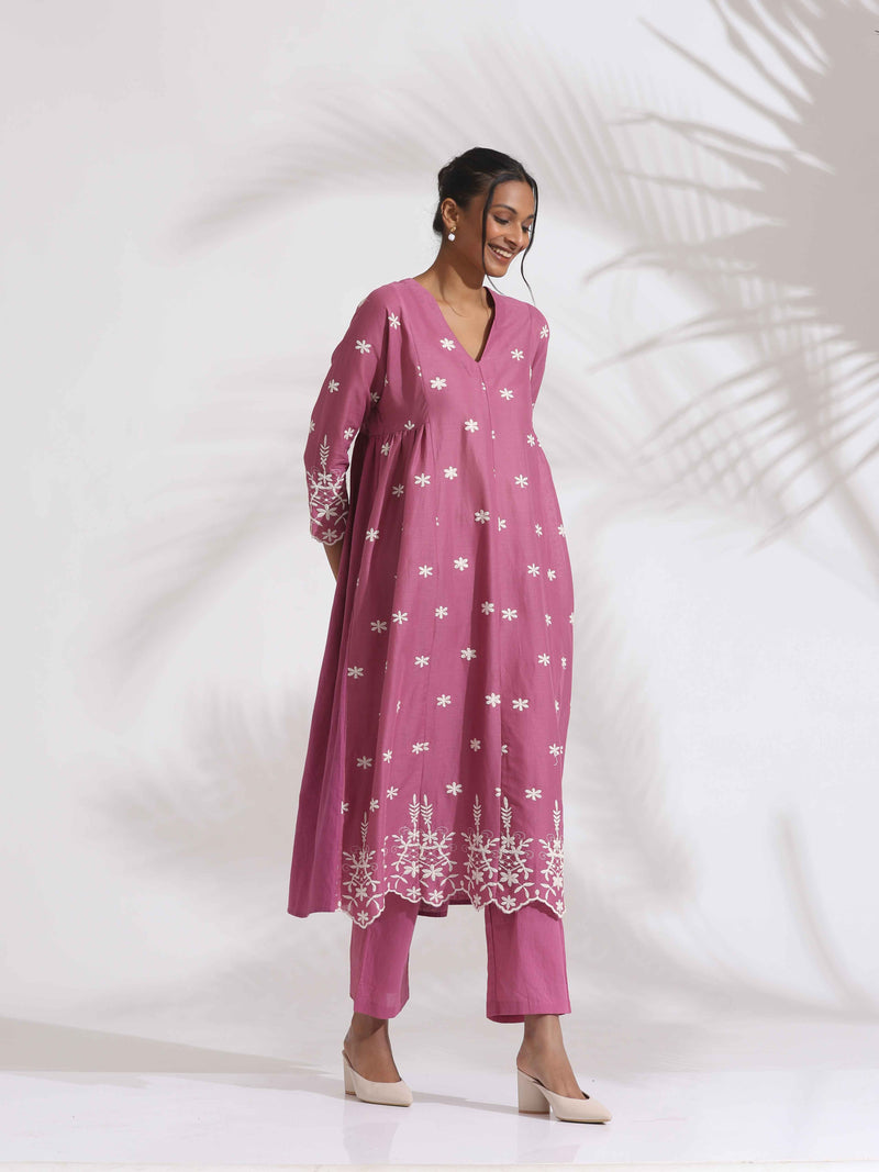 trueBrowns Pink Cotton Floral Embroidered Flared Kurta Set