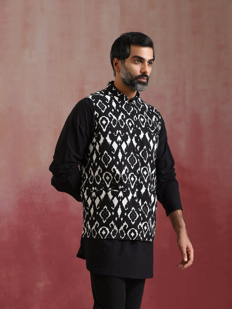 trueBrowns Men's Black Ikat Reversible Nehru Jacket