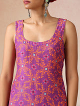 trueBrowns Purple Orange Jaal Print Viscose Sleeveless Straight Kurta Set
