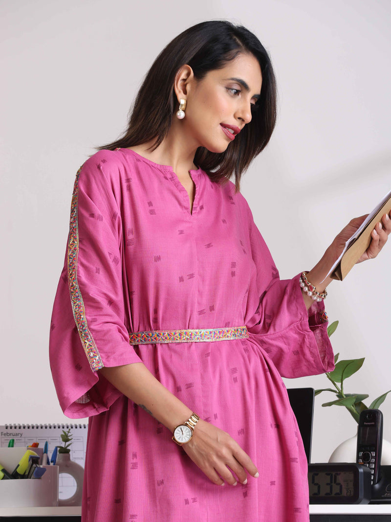 trueBrowns Pink Print Kaftan Kurta Co-ord Set